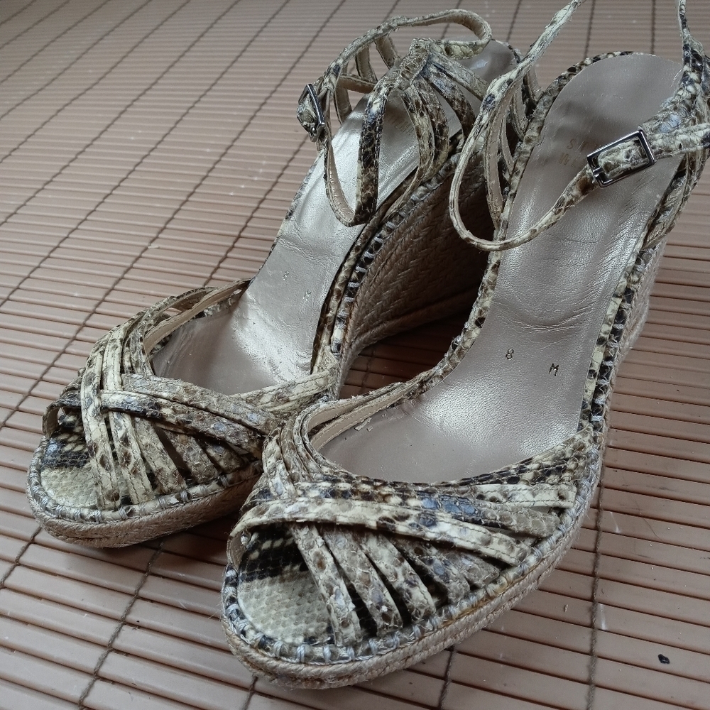 Stuart Weitzman women's snake print platform espadrille 4" wedge heel sandal. Sz